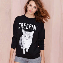 Load image into Gallery viewer, EAST KNITTING Cat Letter Print Sweatshirt O-neck Long-sleeve Black Sweatshirt