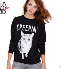 Load image into Gallery viewer, EAST KNITTING Cat Letter Print Sweatshirt O-neck Long-sleeve Black Sweatshirt