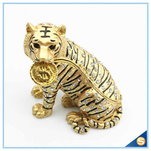 Collectible Statue Pewter Crystal Cute Money Tiger Jewelry Trinket Box