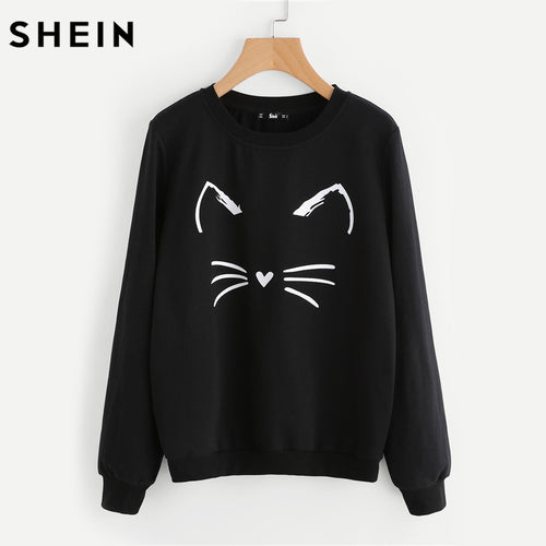 SHEIN Cat Print Sweatshirt Long Sleeve