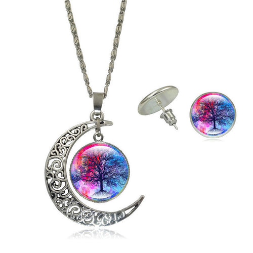 Life Tree Pendant Chain Crescent Moon Necklace