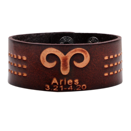 12 Constellations Bracelet Brown Wide Leather