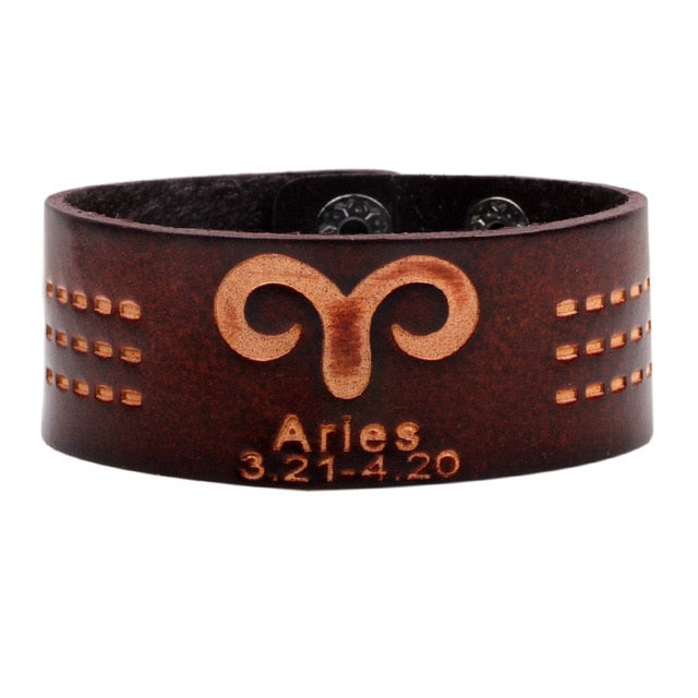 12 Constellations Bracelet Brown Wide Leather