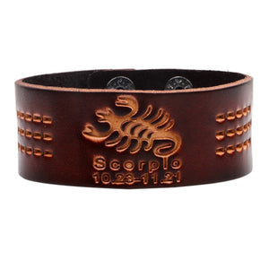 12 Constellations Bracelet Brown Wide Leather