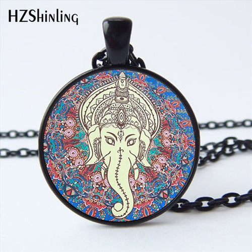 Faith Zen Healing Elephant Ganesha Glass Dome Mandala Necklace