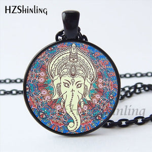 Faith Zen Healing Elephant Ganesha Glass Dome Mandala Necklace