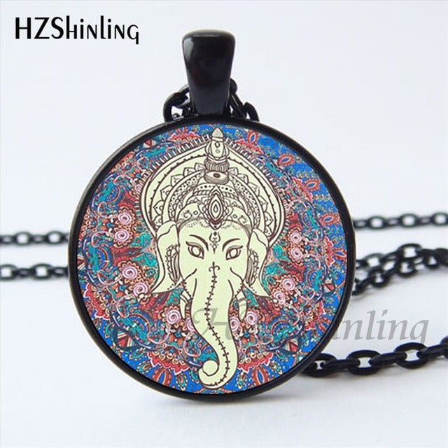 Faith Zen Healing Elephant Ganesha Glass Dome Mandala Necklace