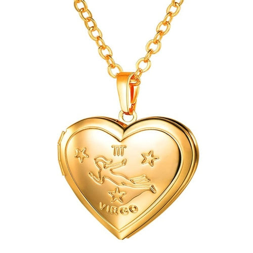 Locket Necklaces 12 Constellations/Zodiac Heart Pendant & Chain Men/Women Jewelry