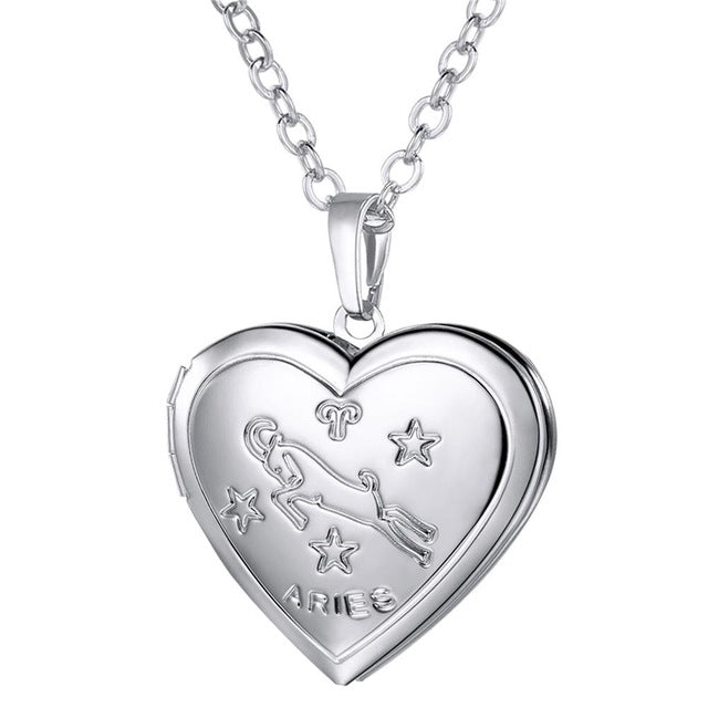 Locket Necklaces 12 Constellations/Zodiac Heart Pendant & Chain Men/Women Jewelry