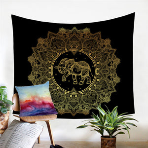 Indian Elephant and Moon Golden Tapestry