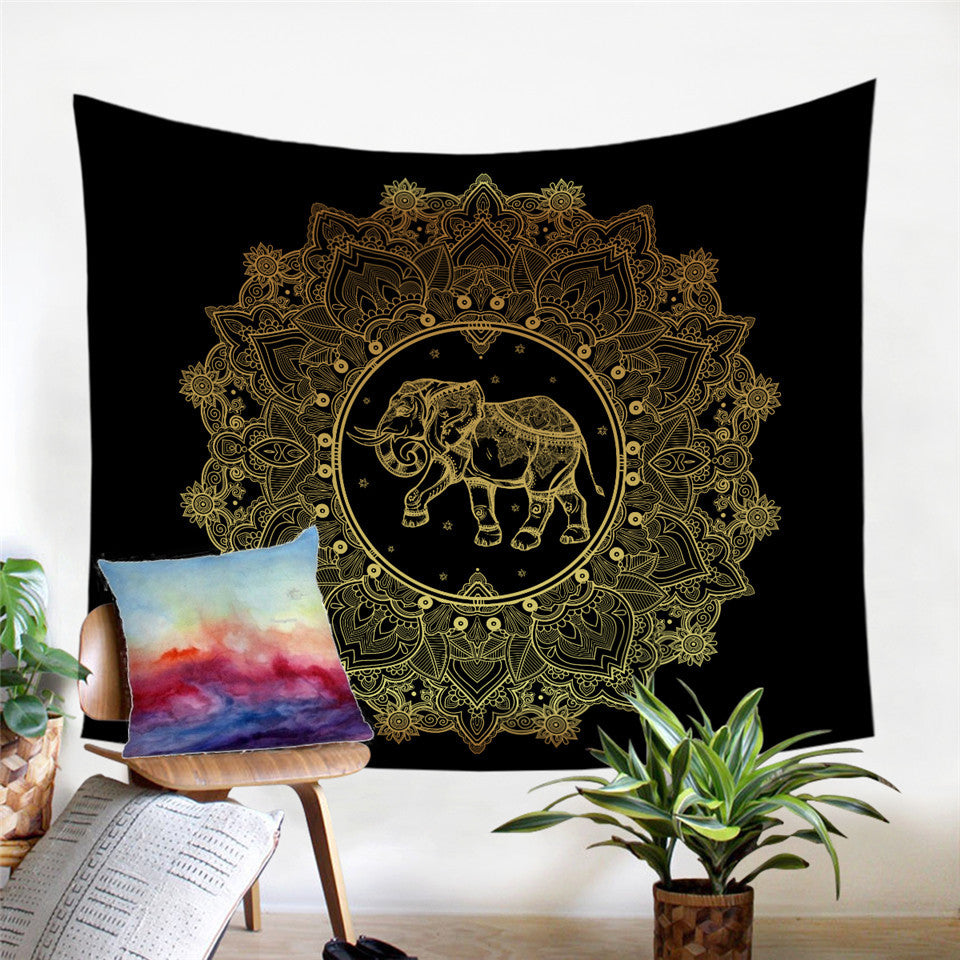 Indian Elephant and Moon Golden Tapestry