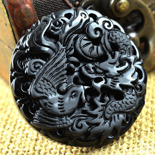 Natural Black Onyx Hand-carved Dragon Phoenix Pendant