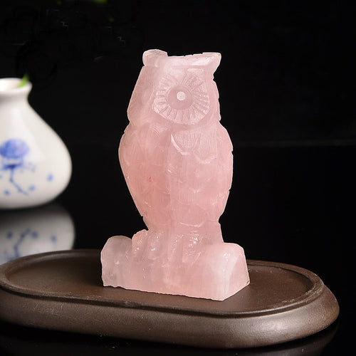 1PC Handmade Rose Quartz Owl Statue Carved Stone