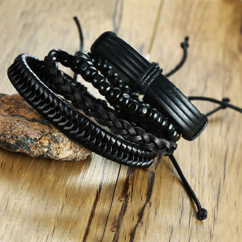 4Pcs Vintage Black Leather Bracelets