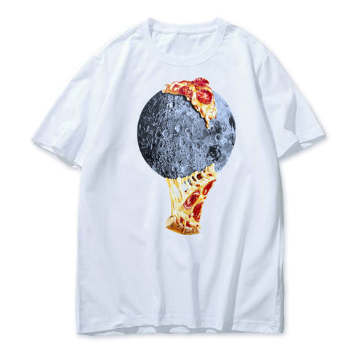 Moon Funny Print Design Short Sleeve Casual Tops Pizza Casual T-shirt White O-Neck T Shirts Short Sleeve Tshirt 100% Cotton Tee Shirt