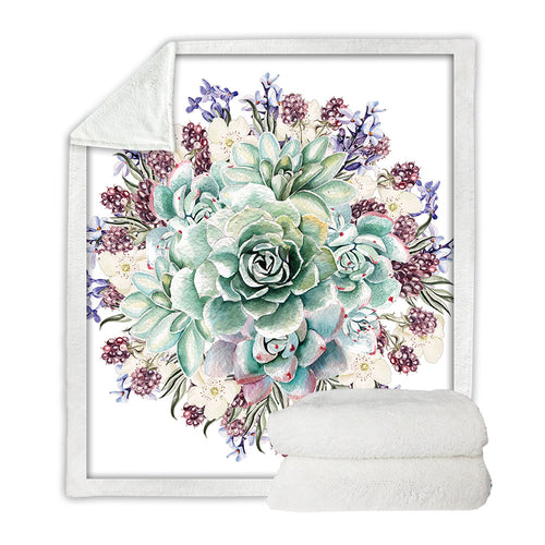 Green Succulents 3D Sherpa Fleece Bedding Velvet Plush Flower