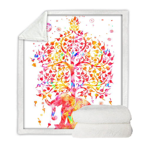 Sherpa Throw Blanket Ethnic Indian Elephant Tree in White Sherpa Fleece