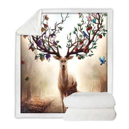 Seasons Change by JoJoesArt Floral Deer Sherpa Fleece Blanket for Beds