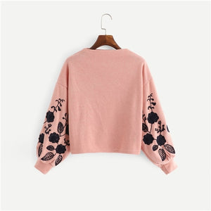 Ginger Preppy Elegant Floral Embroidered Women Pullovers Sweatshirts