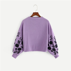 Ginger Preppy Elegant Floral Embroidered Women Pullovers Sweatshirts