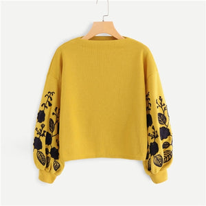 Ginger Preppy Elegant Floral Embroidered Women Pullovers Sweatshirts