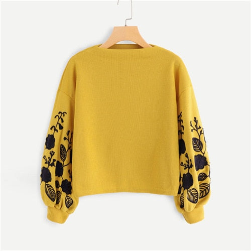 Ginger Preppy Elegant Floral Embroidered Women Pullovers Sweatshirts