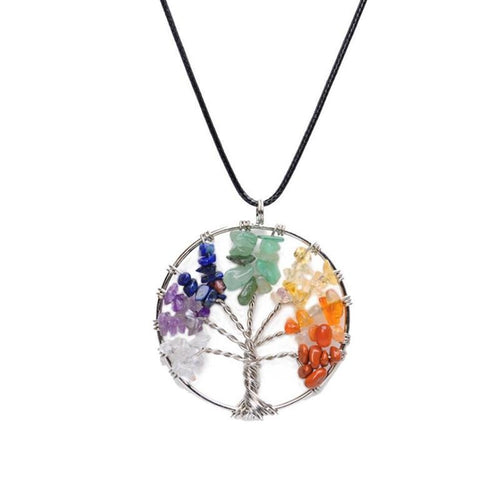 Natural Gemstone 7 Chakra Healing Tree of Life Pendant Necklace