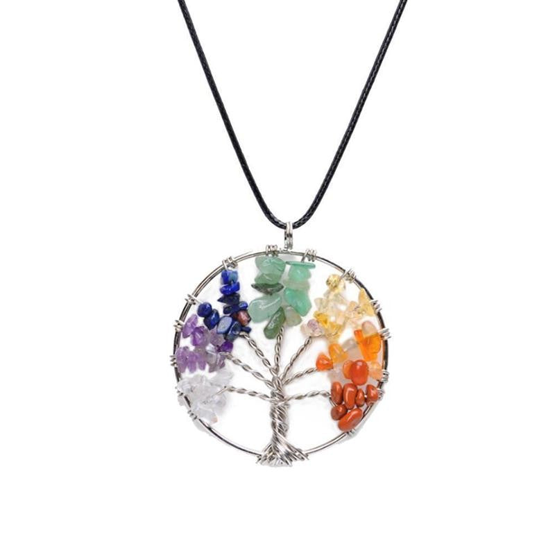 Natural Gemstone 7 Chakra Healing Tree of Life Pendant Necklace