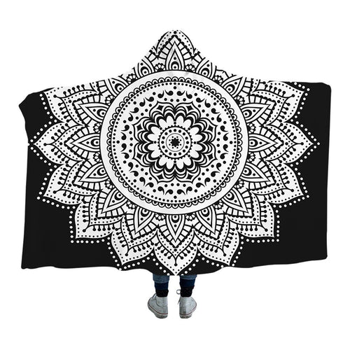 Boho Mandala Hooded Blanket Sherpa Fleece Lotus