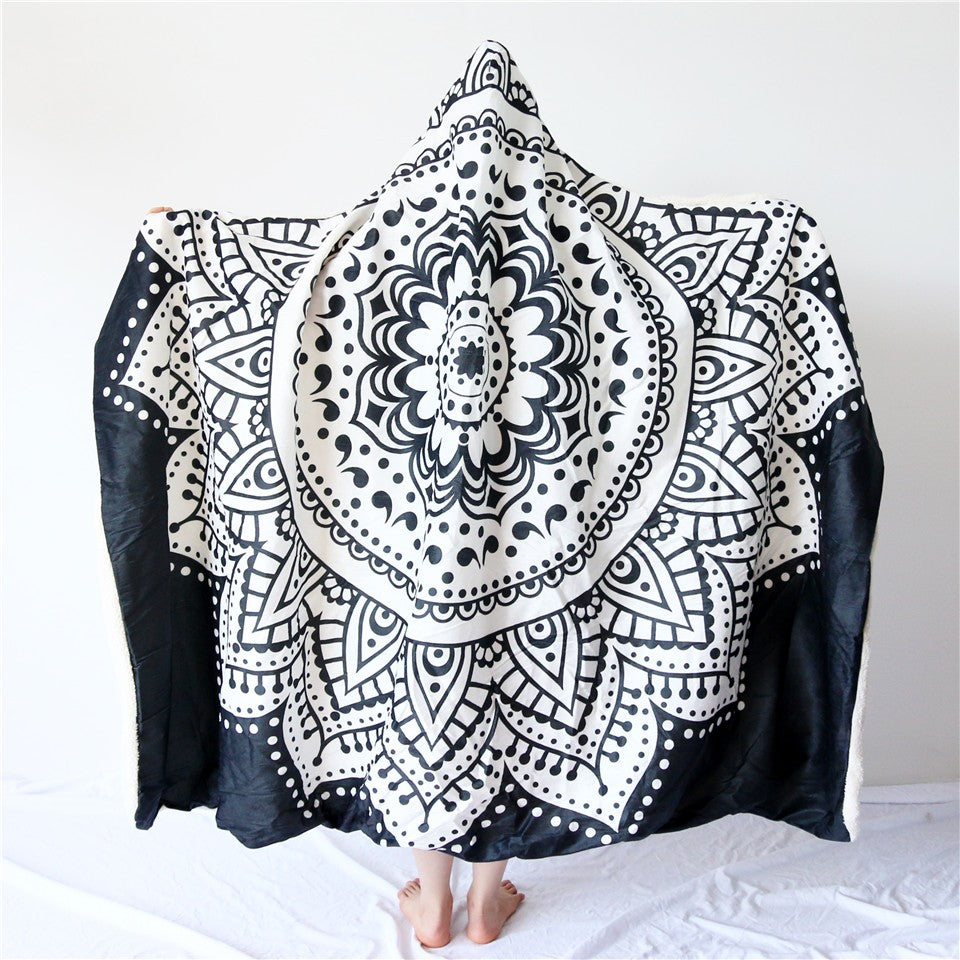 Boho Mandala Hooded Blanket Sherpa Fleece Lotus