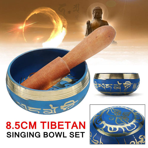 8.5cm Tibetan Buddhism Singing Bowl Set For Chakra Meditation Blue Wood Stick 13cm