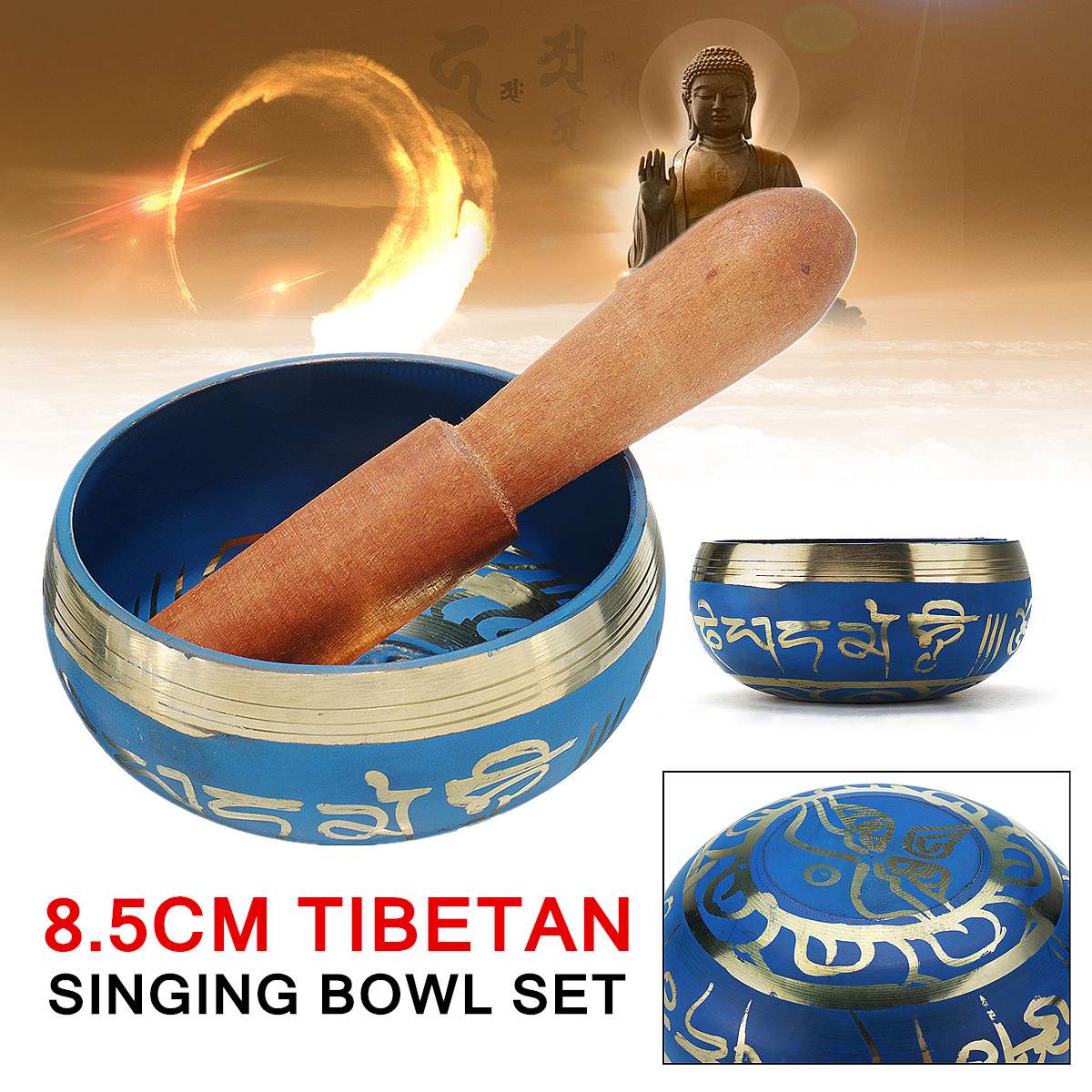 8.5cm Tibetan Buddhism Singing Bowl Set For Chakra Meditation Blue Wood Stick 13cm