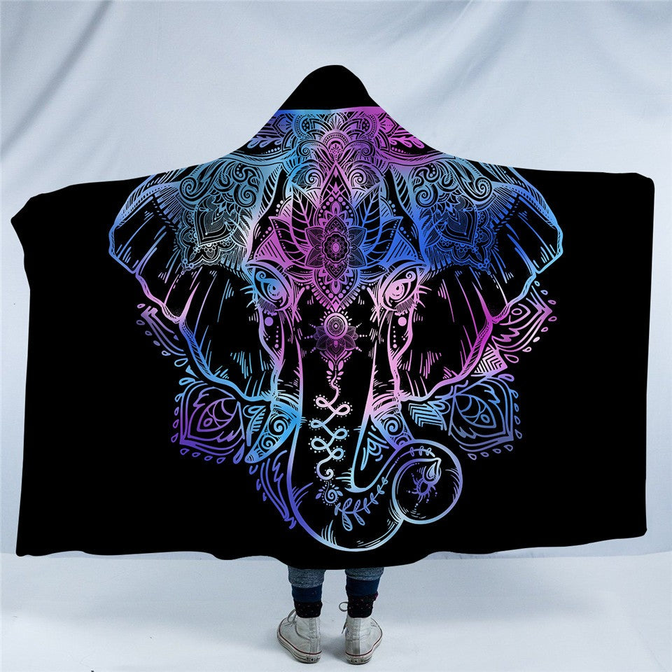 Bohemian Elephant Hooded Blanket Sherpa Fleece