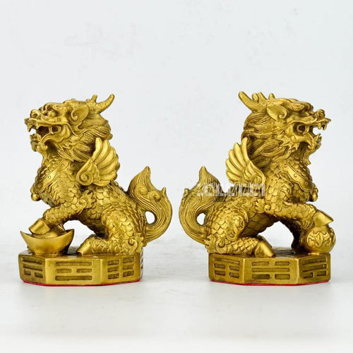 1Pair Pure Copper Unicorn Kylin On Eight Trigram Statues Home Decoration