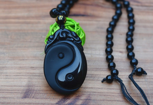 Natural Black Obsidian Stone Carved Chinese Eight Trigrams Pendant