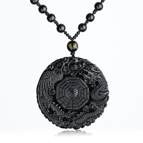 Natural Black Obsidian Dragon Phoenix with the Eight Trigrams Pendant