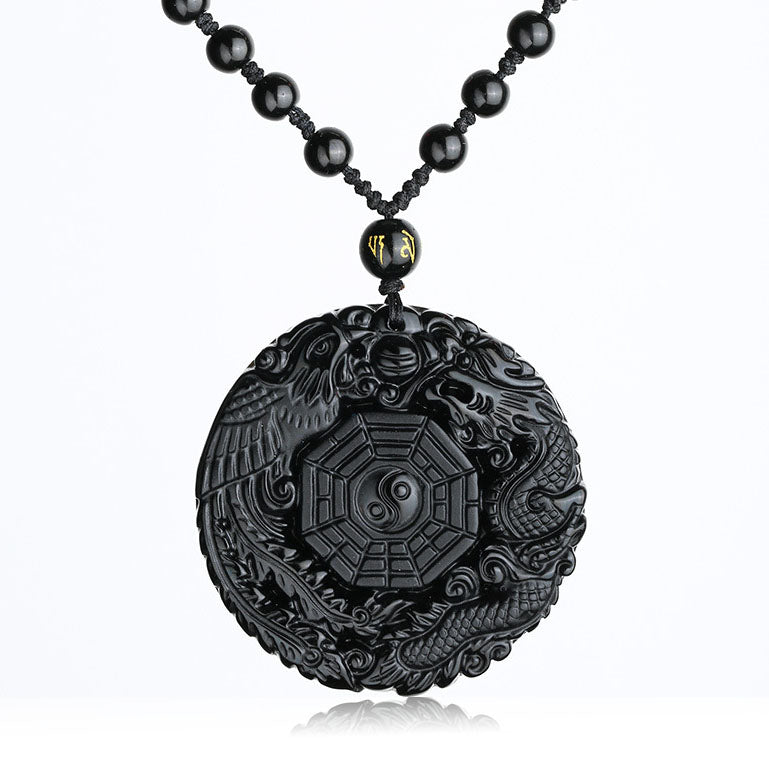 Natural Black Obsidian Dragon Phoenix with the Eight Trigrams Pendant