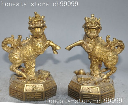 Chinese Feng Shui brass Brave troops Evil beast eight trigrams statue pair